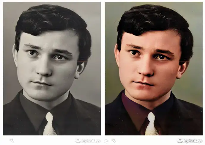 Раскрашивание чёрно-белого портрета с помощью AI-сервиса MyHeritage