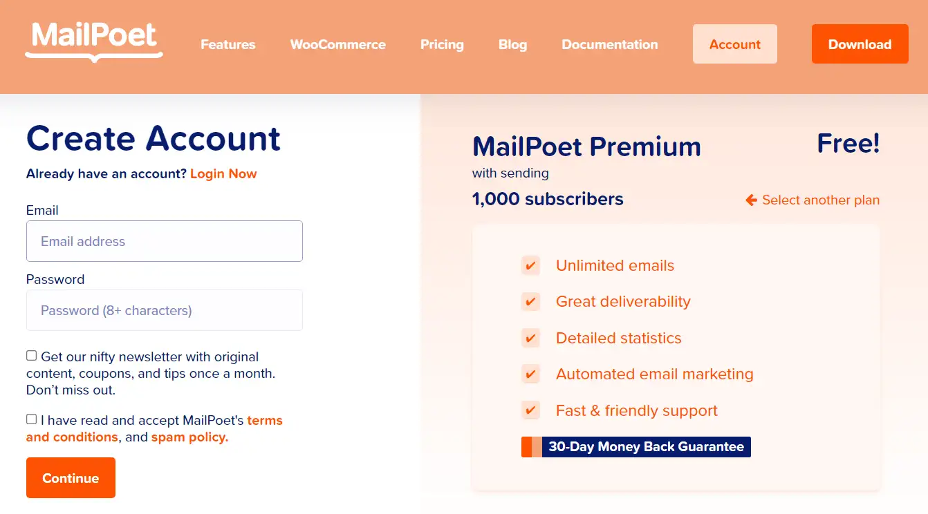 Регистрация аккаунта MailPoet